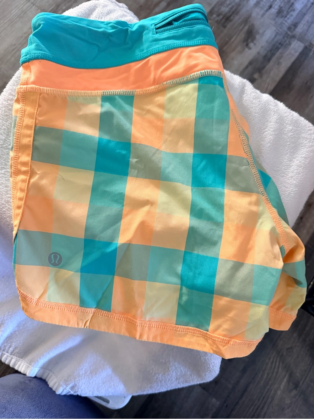 Lululemon Checkerboard Athletic Shorts in Teal & Peach